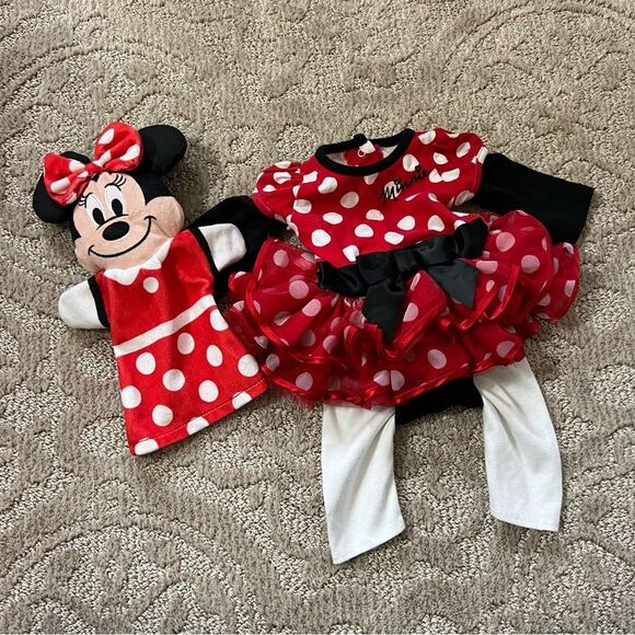 NEWBORN Disney Minnie Mouse Red & Black Polka Dot outfit Costume w/free puppet - Picture 9 of 13